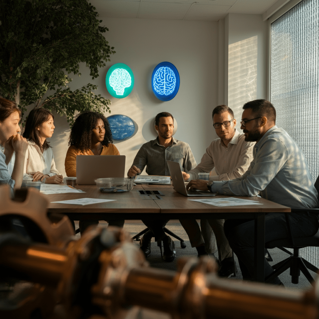 Time comercial SaaS em reunião estratégica analisando funil de vendas B2B, métricas de MRR e previsibilidade de receita.