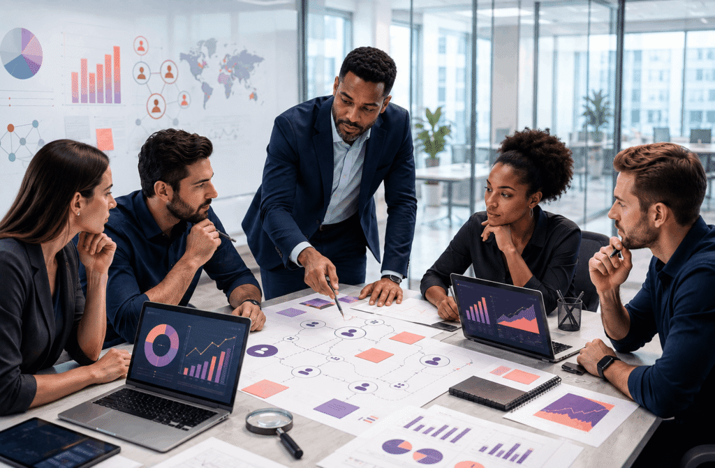 Vendedor B2B conduzindo reunião de descoberta — qualificação de leads, mapeamento de decisores e identificação de dor e urgência