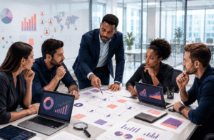 Vendedor B2B conduzindo reunião de descoberta — qualificação de leads, mapeamento de decisores e identificação de dor e urgência